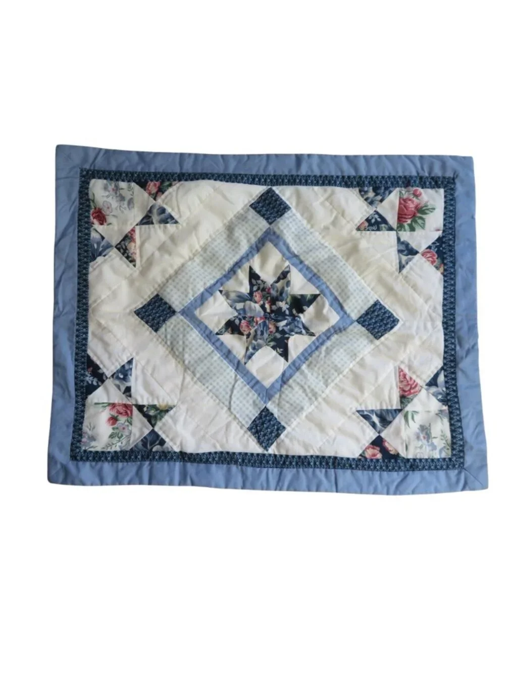 Vintage Set of 2 Hand Quilted Blue White Floral Star Patchwork Shams 20